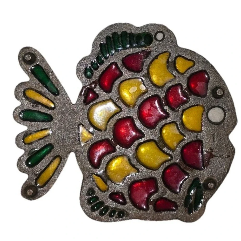 Vintage Fish Trivet Cast Metal Stained Glass Hot Plate Kitchen Pot Rest